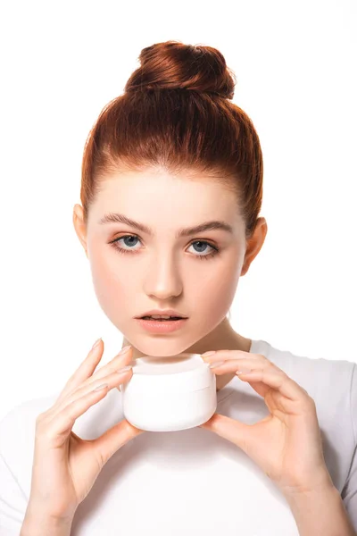 Adolescente Emocional Com Pele Perfeita Segurando Recipiente Plástico Com Creme — Fotografia de Stock