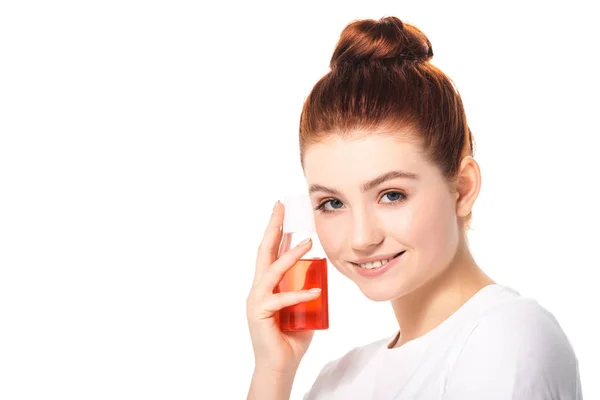 Smiling Teen Girl Clean Skin Holding Bottle Red Makeup Remover — Stock Photo, Image