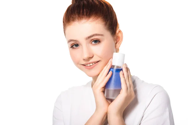 Happy Teenager Clean Skin Holding Bottle Blue Makeup Remover Isolated — Stock Photo, Image
