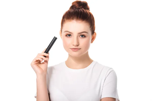 Beautiful Teen Girl Holding Mascara Isolated White — Stock Photo, Image