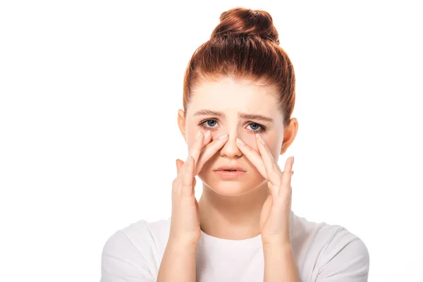 Triest Tiener Meisje Met Probleem Huid Geïsoleerd Wit — Stockfoto