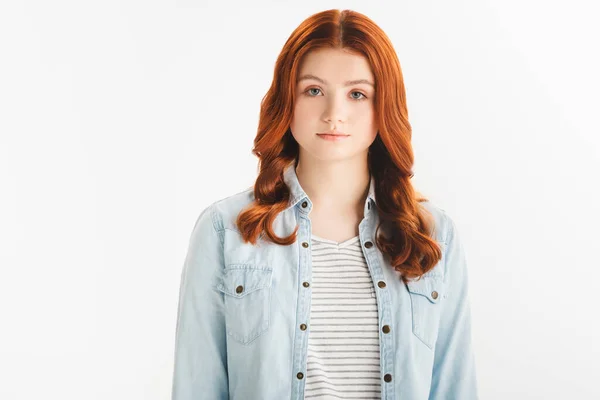 Beautiful Redhead Teen Girl Denim Clothes Looking Camera Isolated White — Stock Photo, Image