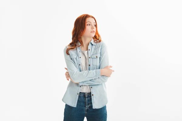 Beautiful Redhead Teen Girl Denim Clothes Crossed Arms Isolated White — Stock Photo, Image