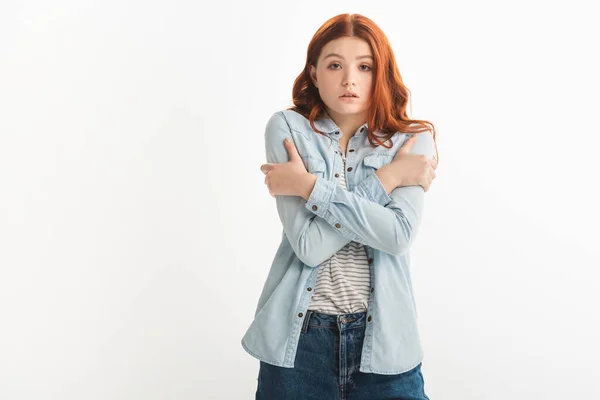 Ledsen Rödhårig Kvinnlig Tonåring Kall Denim Kläder Isolerad Vit — Stockfoto