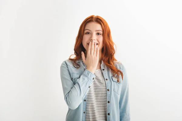 Laughing Redhead Female Teenager Denim Clothes Isolated White — Stock Photo, Image