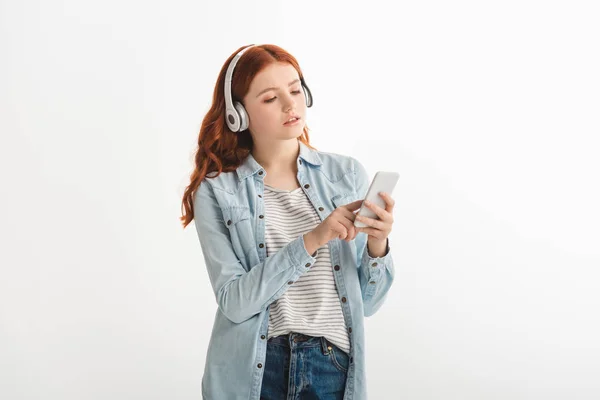 Hermosa Chica Adolescente Escuchando Música Con Auriculares Uso Teléfono Inteligente —  Fotos de Stock