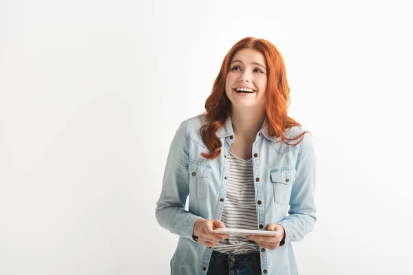 Vacker Skrattande Kvinnlig Tonåring Med Digital Tablett Isolerad Vit — Stockfoto