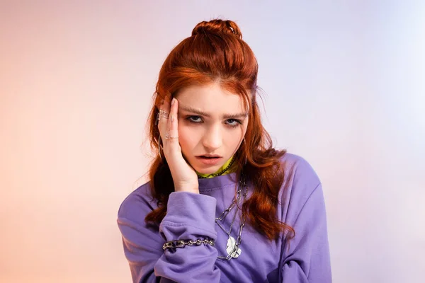 Beautiful Redhead Teen Girl Bad Mood Purple Beige — Stock Photo, Image