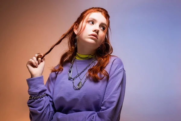 Bored Redhead Female Teenager Looking Purple Beige — Stock Photo, Image