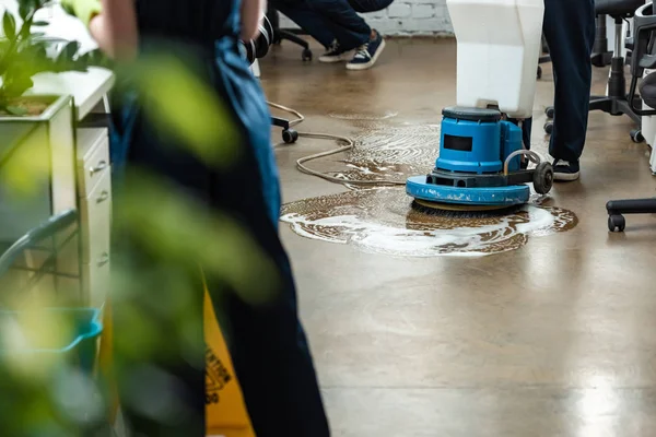 Cropped View Cleaner Washing Floor Cleaning Machine Colleagues — Stock Photo, Image