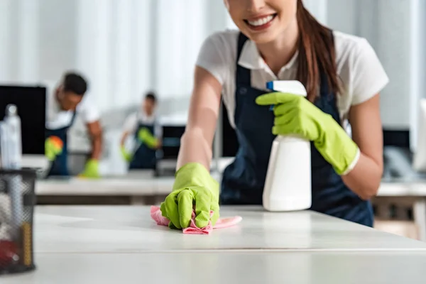 Cropped View Smiling Cleaner Washing Office Desk Rag — Stock Photo, Image