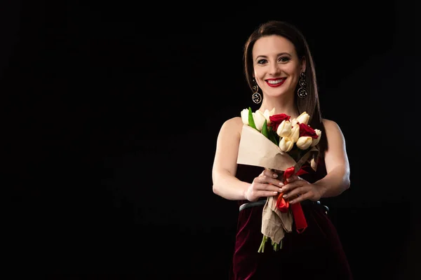 Smiling Woman Dress Holding Bouquet Isolated Black — Stock Photo, Image