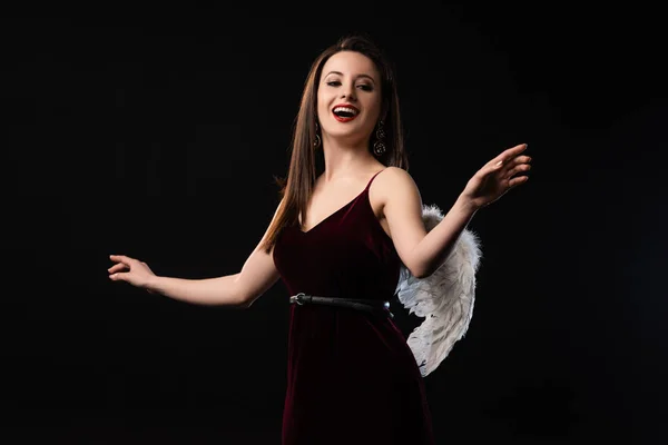 Shocked Woman Dress Wings Looking Camera Isolated Black — Stock Photo, Image