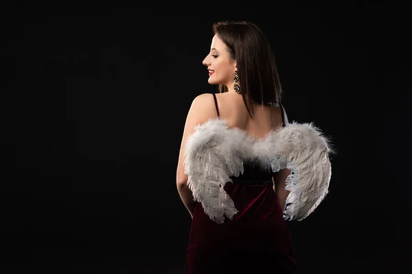 Back View Smiling Woman Dress Wings Isolated Black — Stock Photo, Image