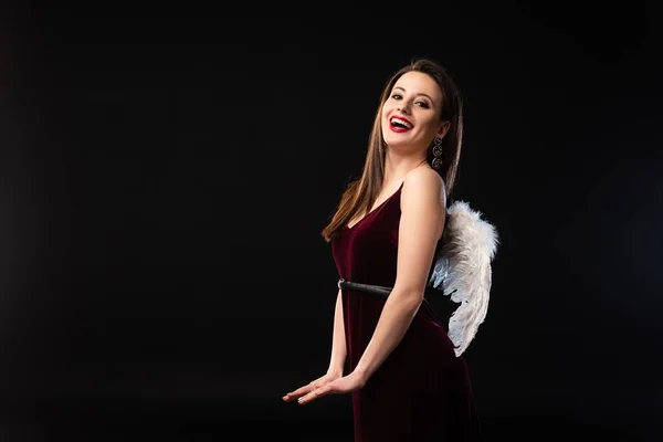 Smiling Woman Dress Wings Looking Camera Isolated Black — Stock Photo, Image
