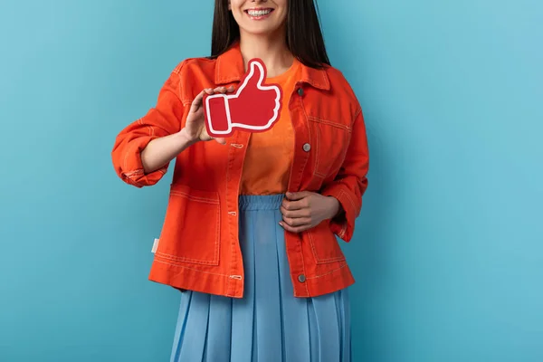 Cropped View Smiling Woman Jacket Holding Paper Blue Background — Stock Photo, Image