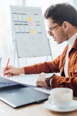 Grafik tableti ve masada kahve fincanı yanında web sitesi çerçevesi kullanarak tasarımcının seçici odak noktası