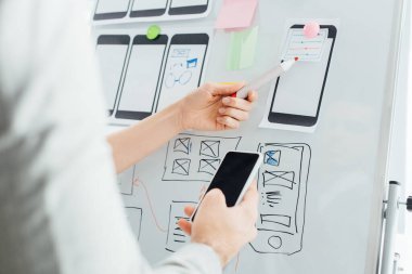 Selective focus of designers using wireframe layouts on whiteboard and smartphone while working on ux design isolated on white clipart