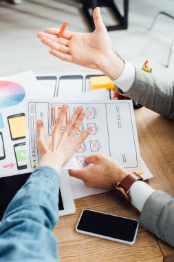 Çerçeve ve cihazların yakınındaki web sitesinin şablonlarıyla çalışan ux tasarımcılarının kırpılmış görünümü 