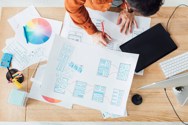 Top view of developer working with website template design and color circle on table in office