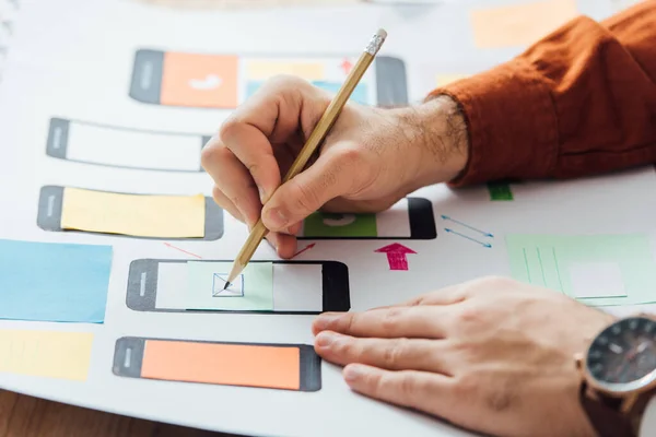 Cropped View Developer Noticing App Layouts User Experience Design Mobile — Stock Photo, Image