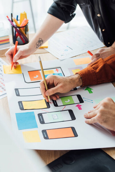 Cropped view of designers using layouts for user experience design of mobile website on table