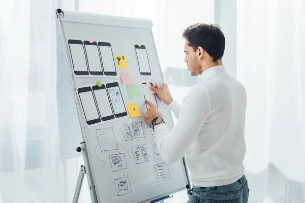 Seitenansicht Der Entwicklerplanung Der Mobilen Website Mit Vorlagen Auf Whiteboard — Stockfoto