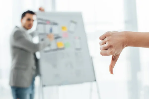 Selective Focus Designer Showing Dislike Sign Colleague Whiteboard Office — Stock Photo, Image