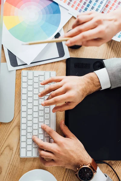 Top View Designers Using Computer Color Pallets Graphics Tablet Coffee — Stock Photo, Image