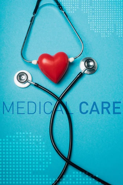 Top View Decorative Red Heart Black Stethoscope Blue Background Medical — Stock Photo, Image