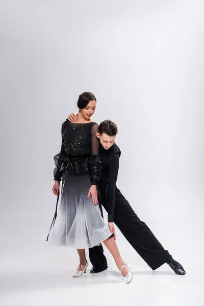 Elegant Young Couple Ballroom Dancers Black Outfit Dancing White — Stock Photo, Image