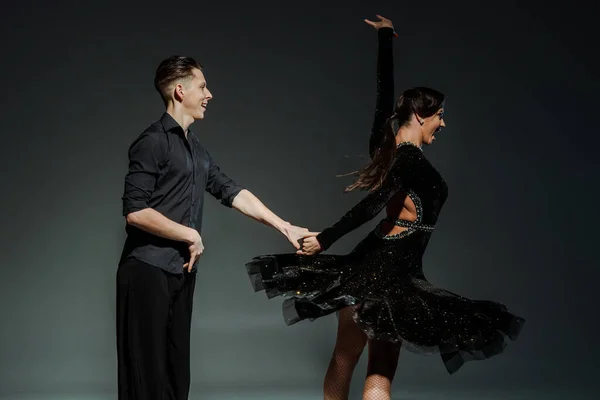 Elegant Young Couple Ballroom Dancers Black Outfits Dancing Dark — Stock Photo, Image