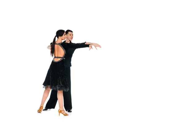 Элегантная Молодая Пара Танцовщиц Черном Платье Костюме Танцующих Изолированно Белом — стоковое фото