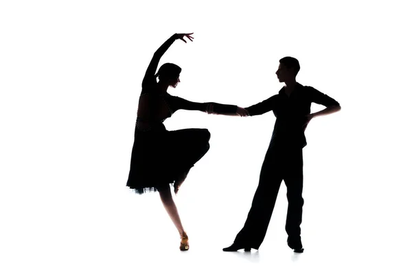 Силуэты Элегантной Пары Танцовщиц Танцующих Изолированно Белом — стоковое фото