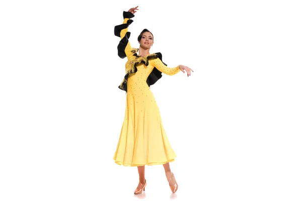 Elegant Young Ballroom Dancer Yellow Dress Dancing Isolated White — Stock Photo, Image