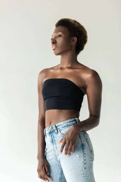 Beautiful African American Girl Jeans Black Top Isolated Grey — Stock Photo, Image