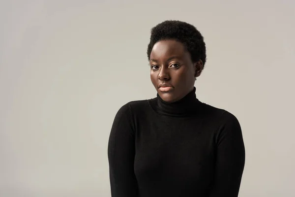 African American Girl Black Turtleneck Isolated Grey — Stock Photo, Image