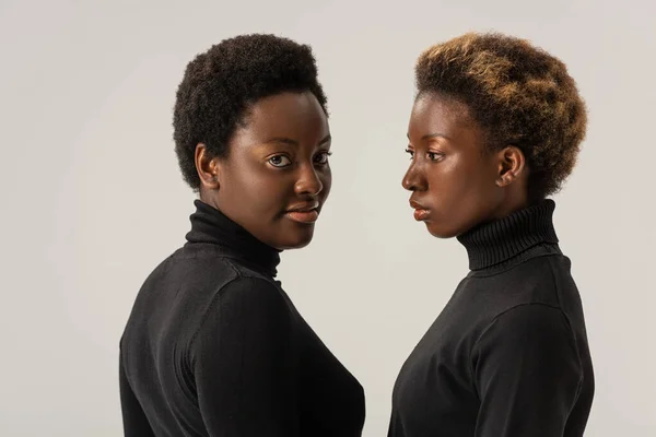 African American Women Black Turtlenecks Isolated Grey — Stock Photo, Image