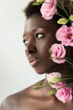 Güzel, çıplak, Afro-Amerikalı, pembe Eustoma çiçekleri olan kız, gri renkte izole edilmiş.