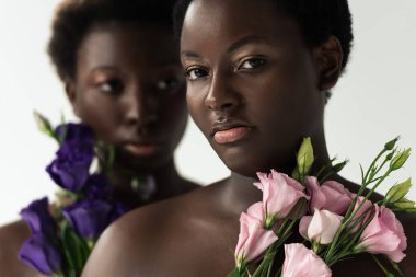 Gri üzerinde pembe ve mor çiçekler tutan çıplak Afro-Amerikan kadınlarının seçici odak noktası