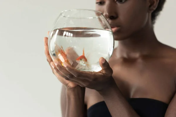 Vista Recortada Chica Afroamericana Sosteniendo Acuario Con Peces Aislados Gris — Foto de Stock