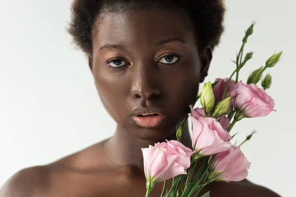 Naked African American Girl Pink Eustoma Flowers Isolated White — Stock Photo, Image