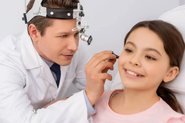 Attentive Ent Physician Examining Ear Cute Child Ear Speculum — Stock Photo, Image