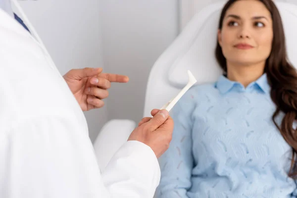 Partial View Otolaryngologist Showing Nasal Speculum Attractive Patient Sitting Medical — Stock Photo, Image