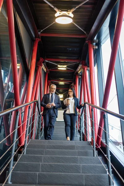 Low Angle View Businessman Asian Businesswoman Talking Walking Stairs — Stock Photo, Image