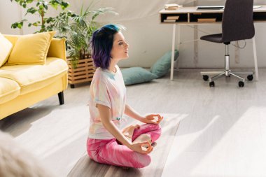 Renkli saçlı kadının oturma odasındaki yoga minderinde meditasyon yaparken yüksek açılı görüntüsü.