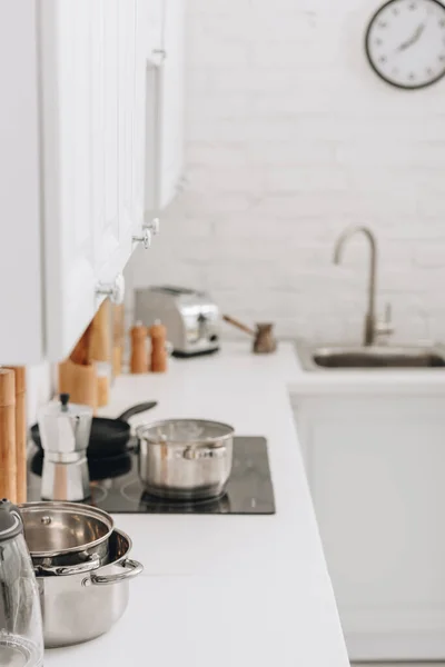 Selective Focus Pans Cezve Surface Kitchen — Stock Photo, Image