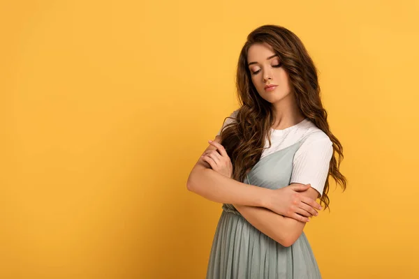 Attractive Tender Girl Crossed Arms Yellow — Stock Photo, Image