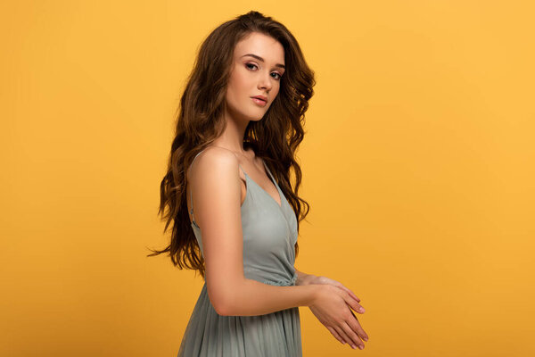 attractive spring girl with long hair in dress isolated on yellow