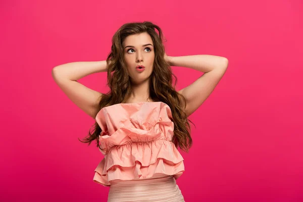 Surprised Beautiful Girl Standing Elegant Dress Isolated Pink — Stock Photo, Image